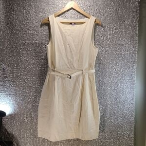 Theory Women Sleeveless Belted Shift Dress Size 10 Beige Viscose Wool Blend
